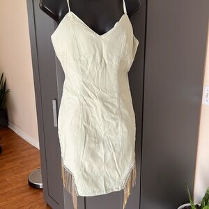 NBW | Stretchy Light Sage color mini dress with dangling rhinestone detail
